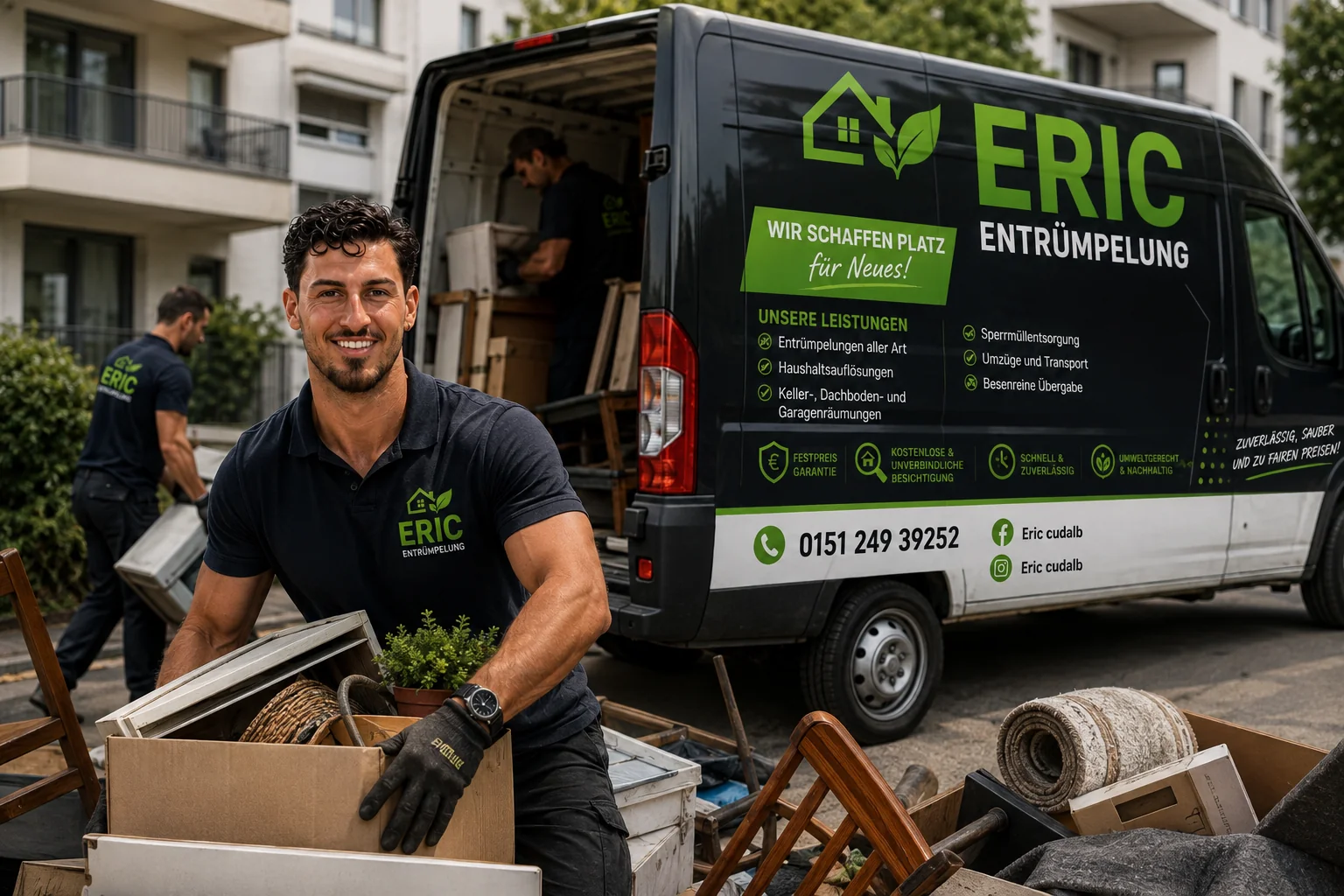 Mitarbeiter einer Entrümpelungsfirma mit Transporter und Umzugskartons bei einer Dachbodenentrümpelung