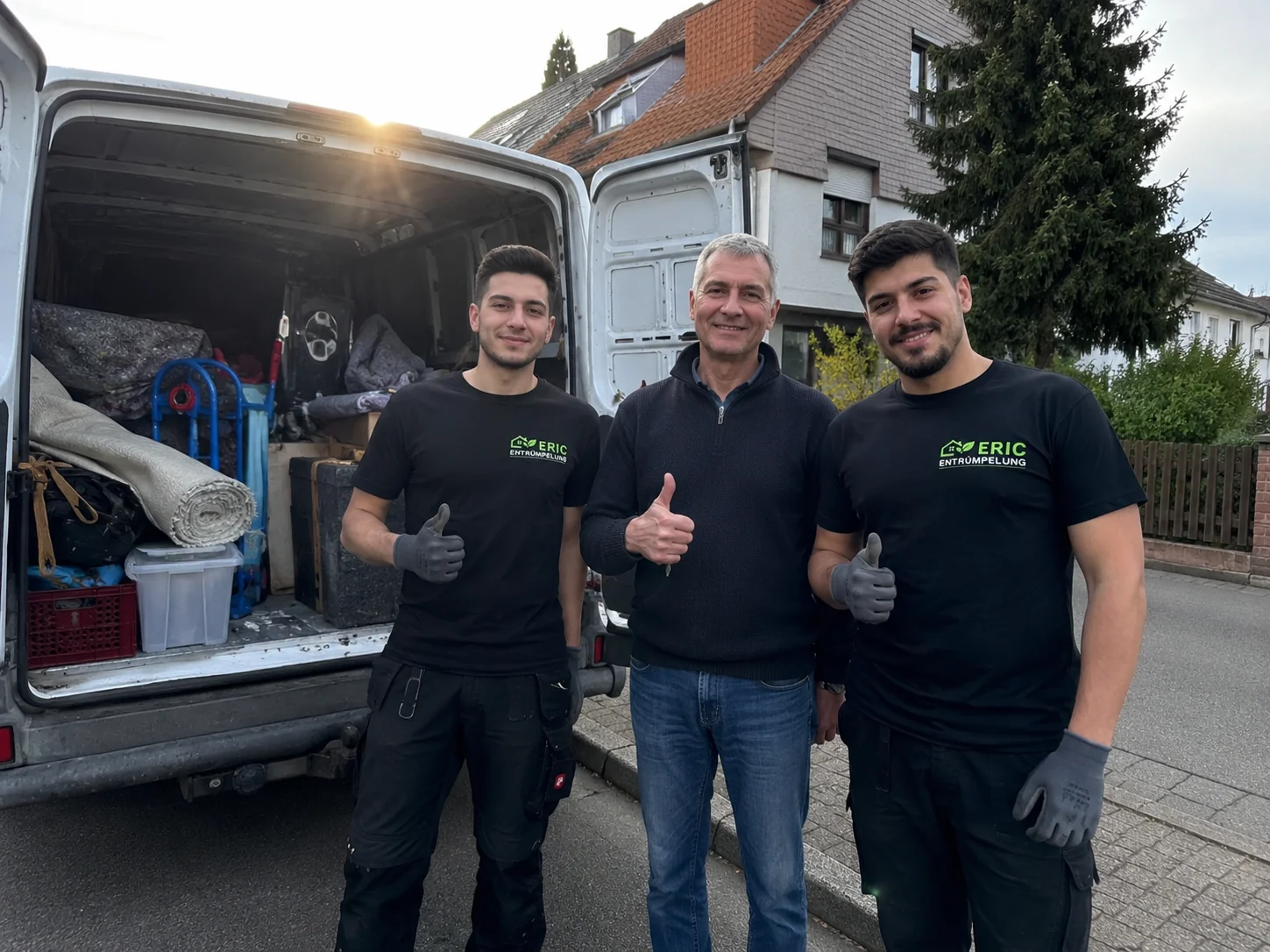 Team der Entrümpelungsfirma mit Kunde vor dem beladenen Transporter bei einer Gewerbeauflösung